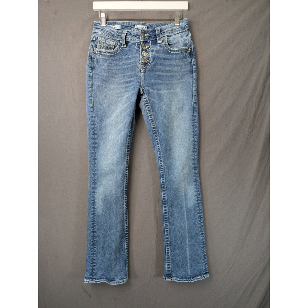 Vigoss Womens Slim Boot Blue Jeans Button Fly Size 4 Medium Wash Contrast Stitch